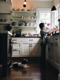 A child stands at a kitchen sink with a small dog lying on the floor. Shelves with dishes and window with plants are in the background.